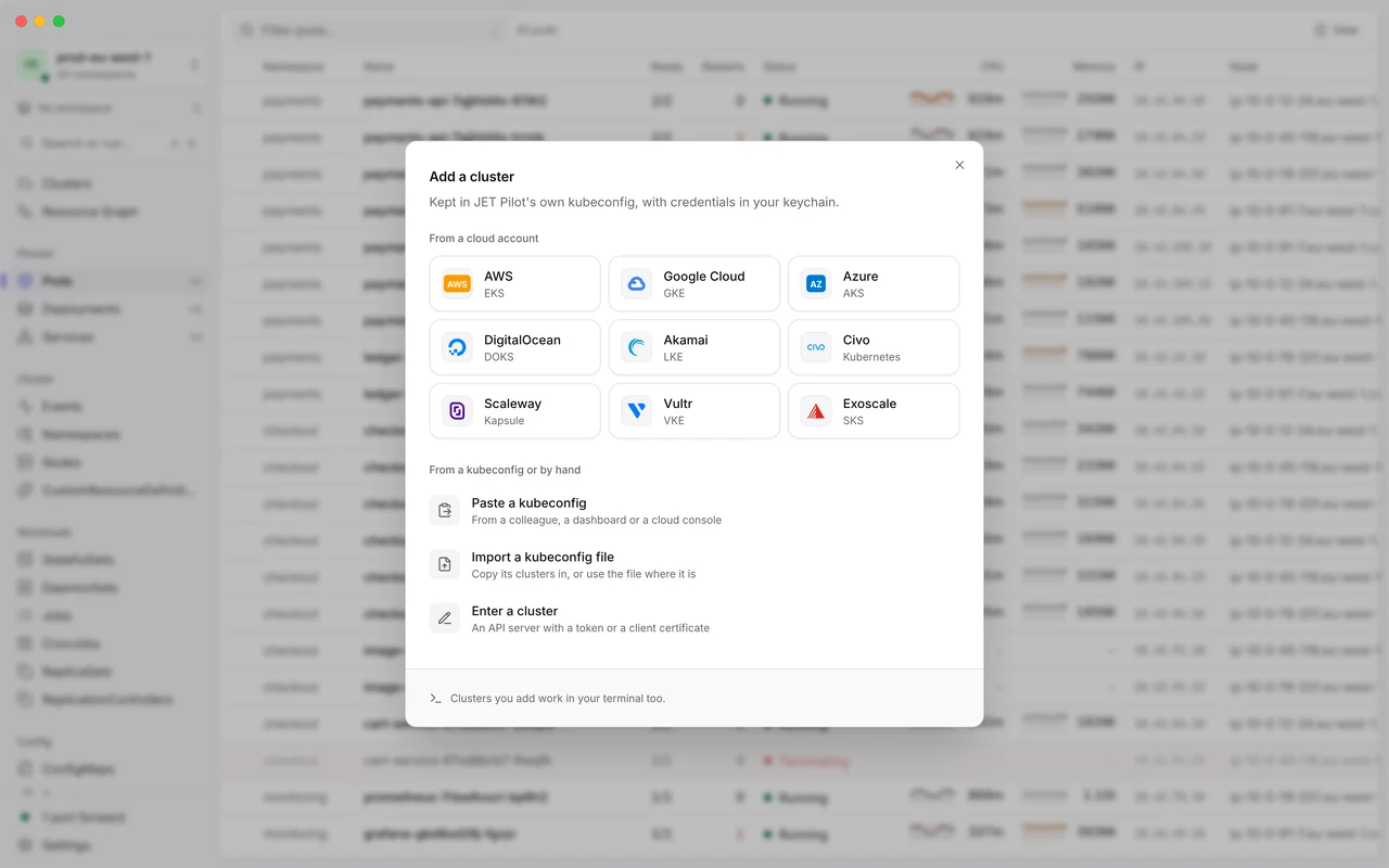 The Add a cluster dialog: nine clouds (AWS, Google Cloud, Azure, DigitalOcean, Akamai, Civo, Scaleway, Vultr and Exoscale) above options to paste a kubeconfig, import a file or enter a cluster by hand
