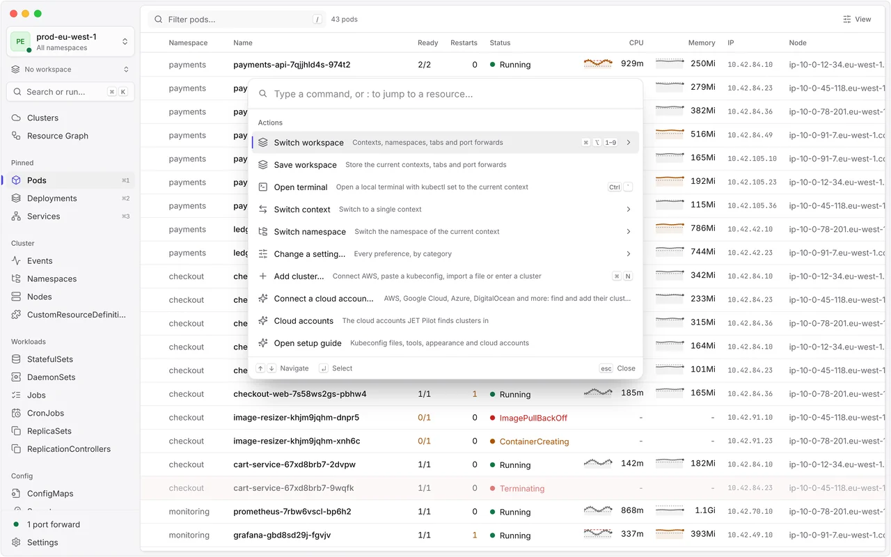 The command palette open over the pods table, listing actions such as Switch workspace, Open terminal, Switch context, Change a setting and Add cluster
