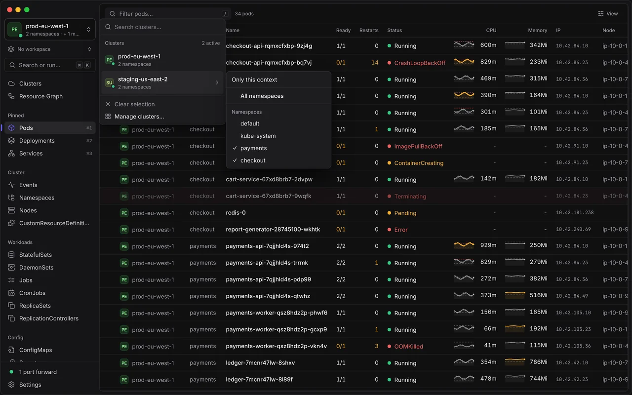 The context switcher open with two active contexts, prod-eu-west-1 and staging-us-east-2, each with the payments and checkout namespaces selected