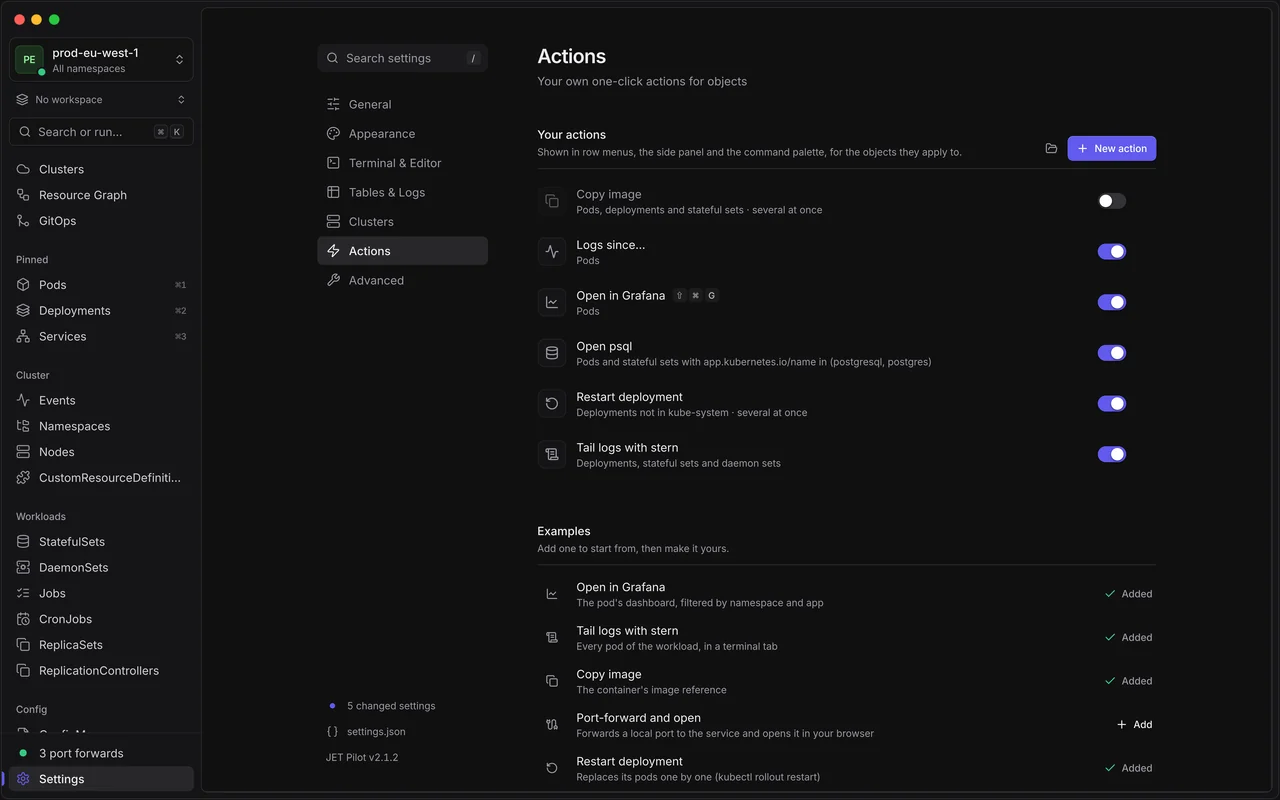 Settings › Actions: actions such as Logs since…, Open in Grafana and Restart deployment with on/off switches, one broken file with its line number and a Fix in YAML button