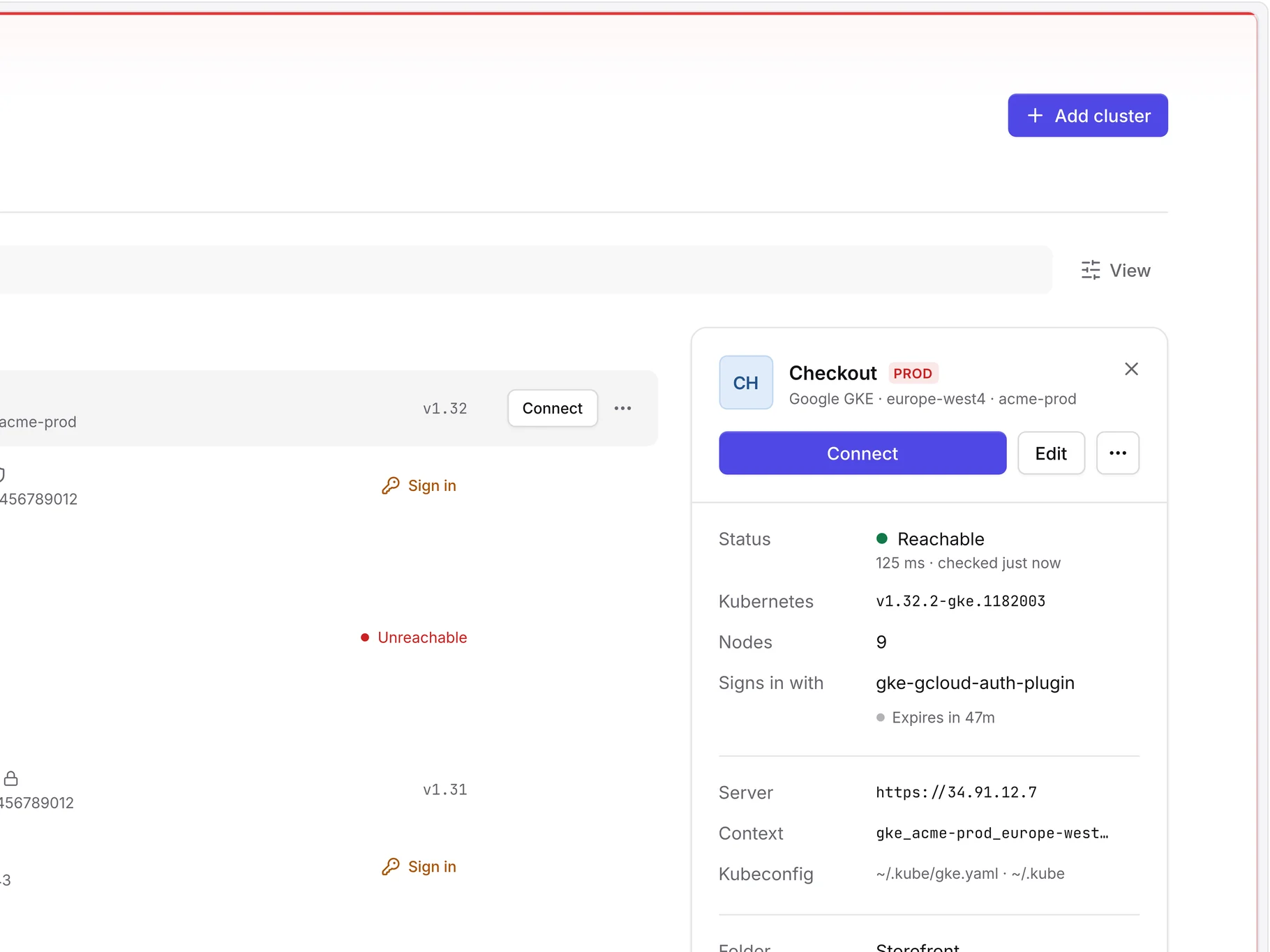 The Clusters hub: clusters in favourites and folders with environment badges, versions and statuses, and the details panel of Checkout, a protected production GKE cluster