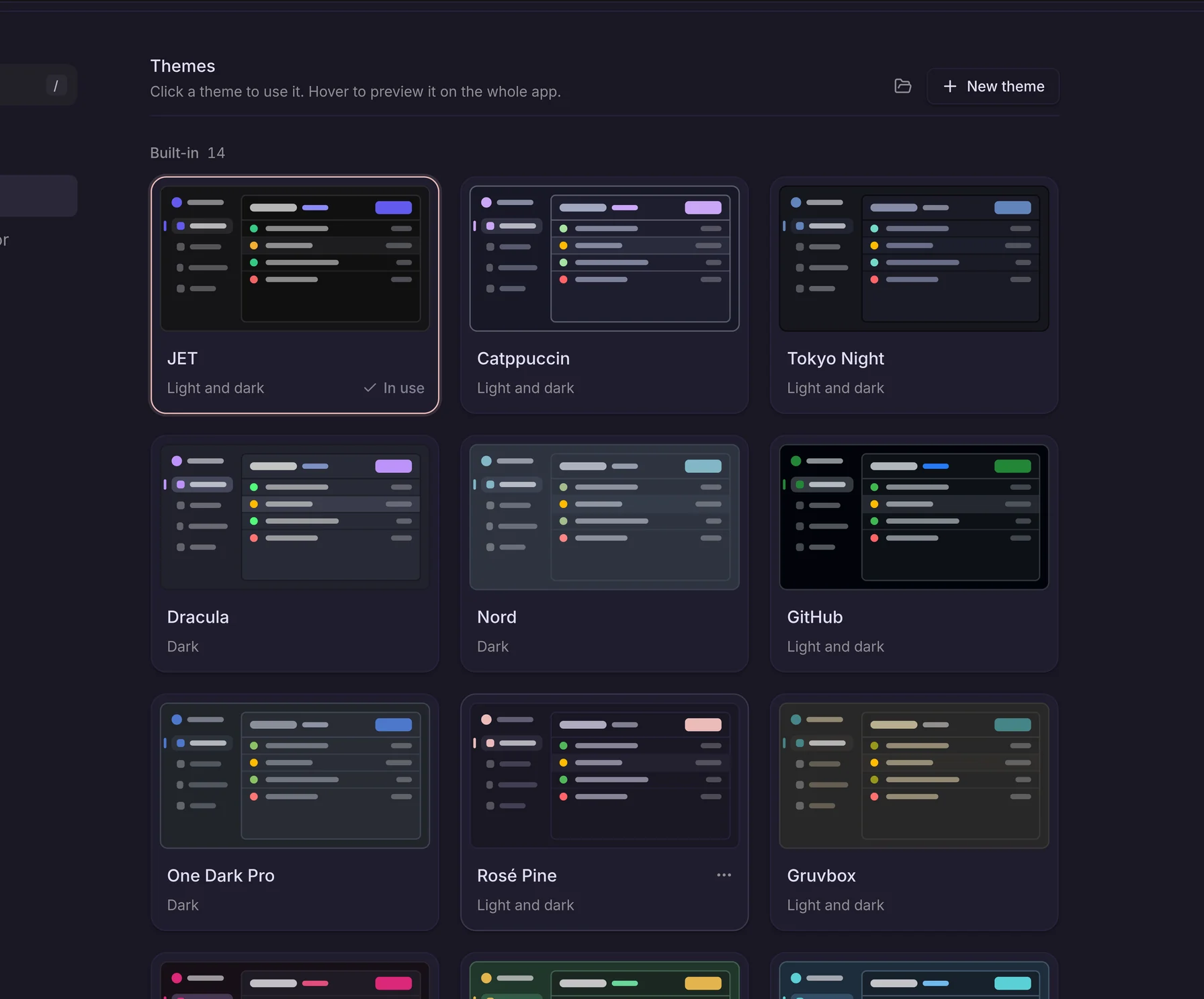 JET Pilot's theme library under Settings › Appearance: built-in themes as cards, each with a live miniature of the app in its colours