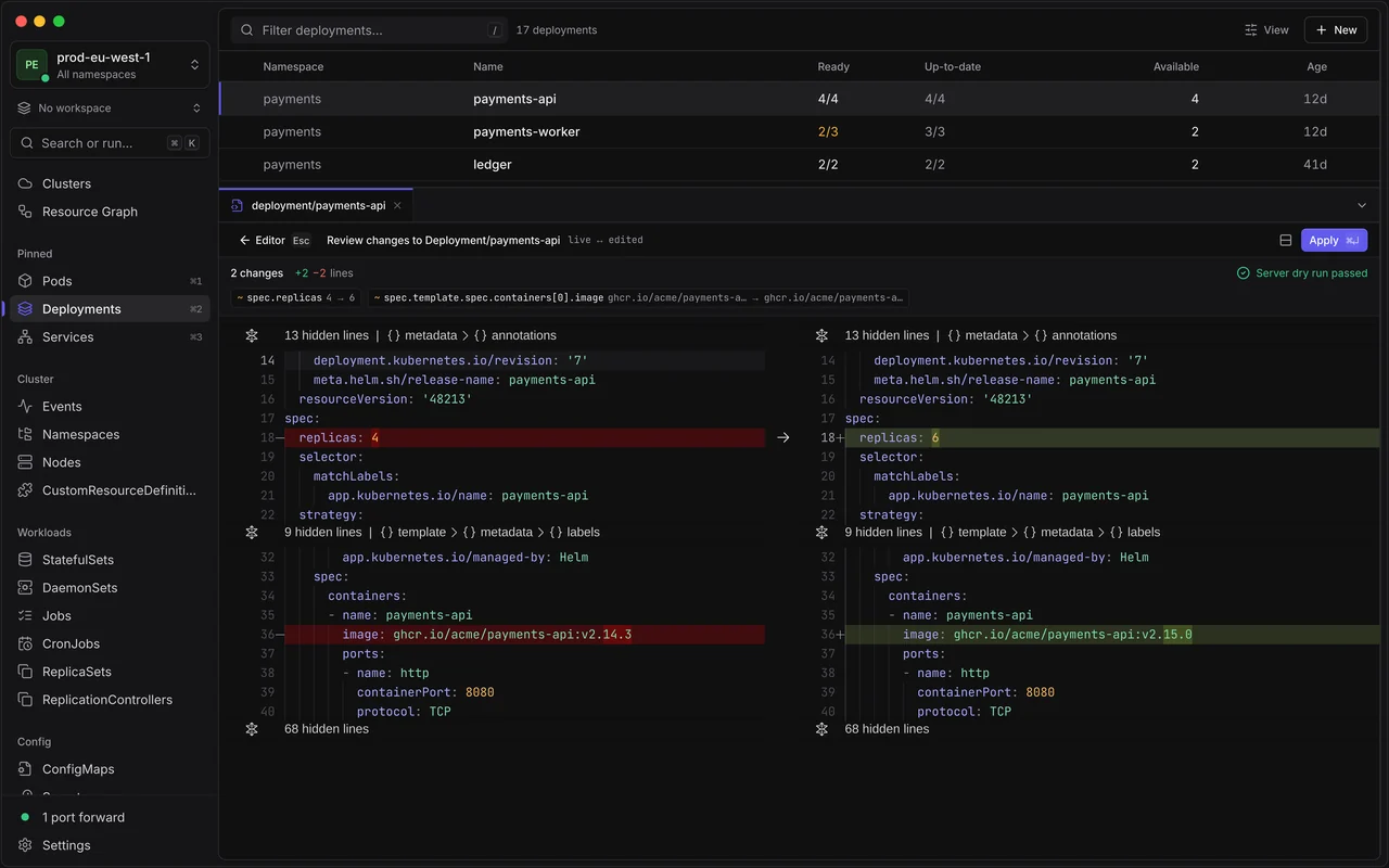 Reviewing changes to the payments-api Deployment: a side-by-side diff with replicas changed from 4 to 6, and a “Server dry run passed” status next to the Apply button