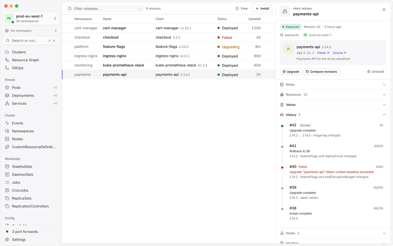 The release panel of payments-api: deployed revision 42 of chart 2.14.3, and a history whose latest entry says 2.14.2 → 2.14.3 · image.tag changed