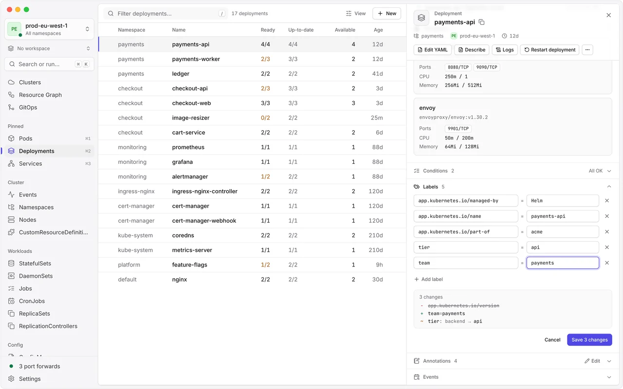 Editing the labels of the payments-api Deployment in its side panel, with a preview of three changes and a Save 3 changes button
