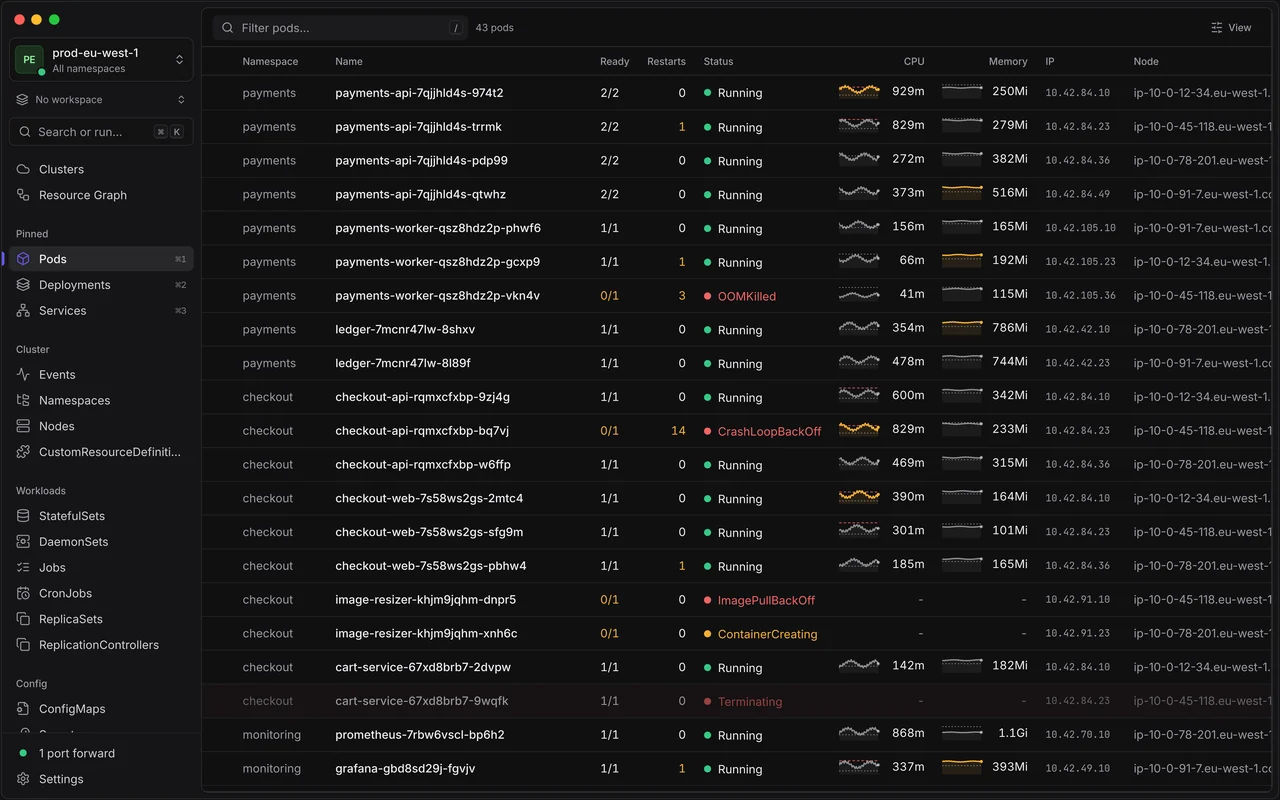 The pods table with CPU and memory sparkline columns next to each pod's status