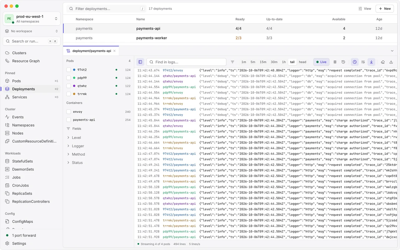 Logs for the payments-api Deployment: four pods listed with their own colours, container and field filters, and interleaved log lines prefixed with the pod and container they came from