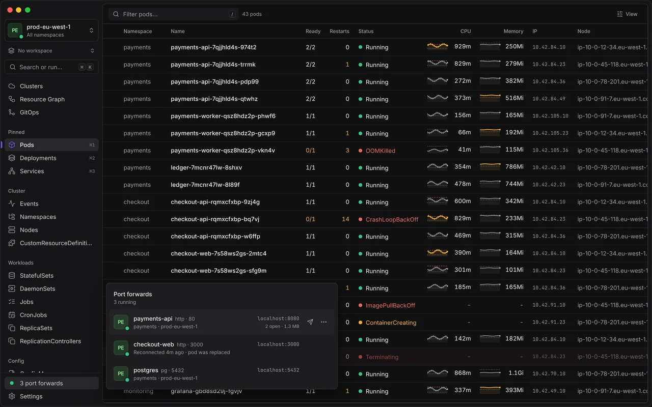 The port forwards list: payments-api on localhost:8080, checkout-web reconnected 4 minutes ago because its pod was replaced, and postgres on localhost:5432