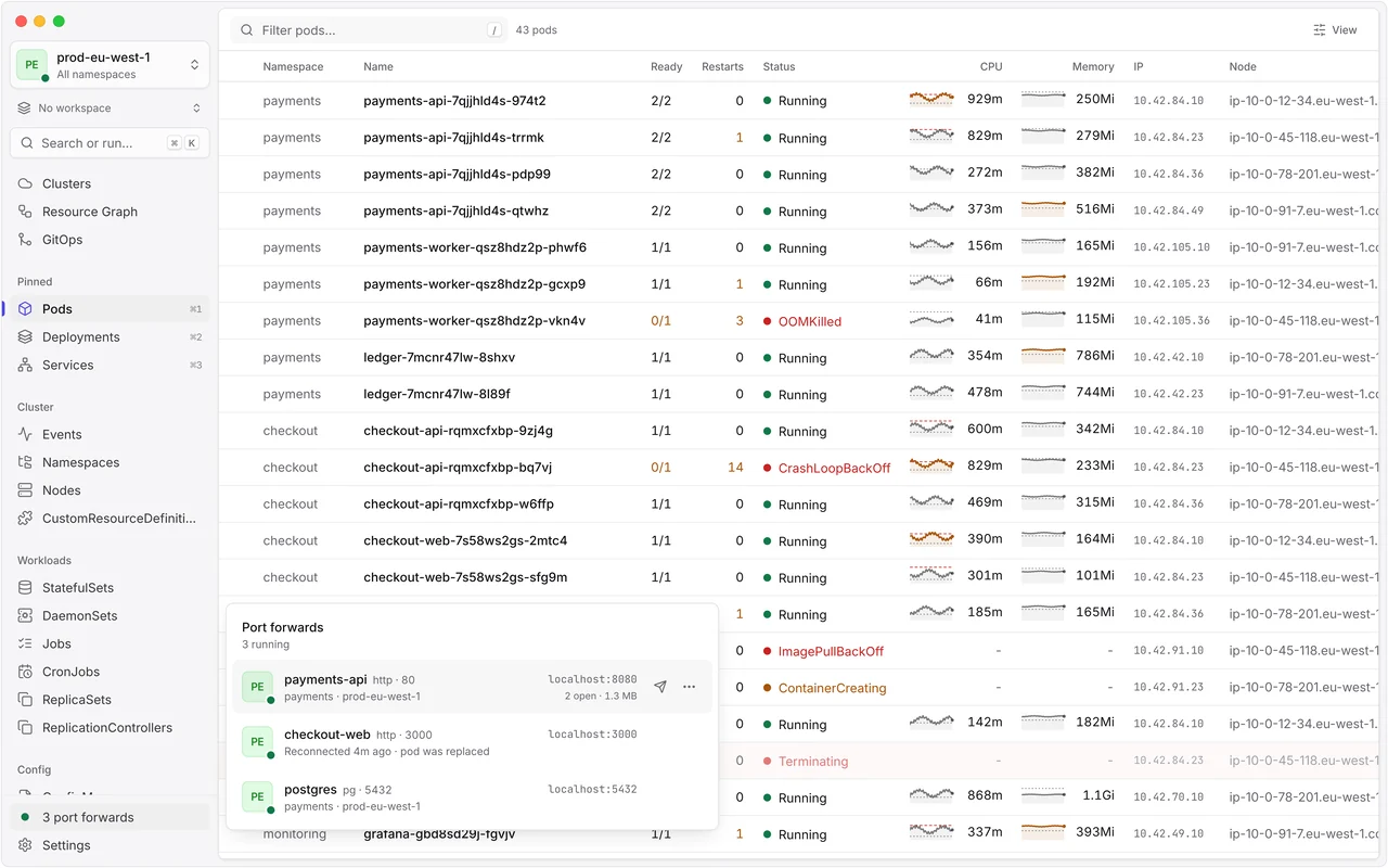 The port forwards list: payments-api on localhost:8080, checkout-web reconnected 4 minutes ago because its pod was replaced, and postgres on localhost:5432