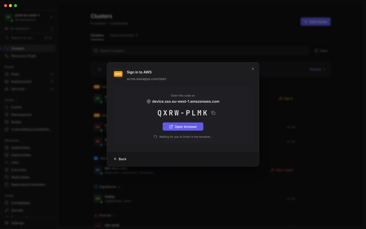 Signing in to AWS inside JET Pilot: the device code QXRW-PLMK, the verification address device.sso.eu-west-1.amazonaws.com and an Open browser button
