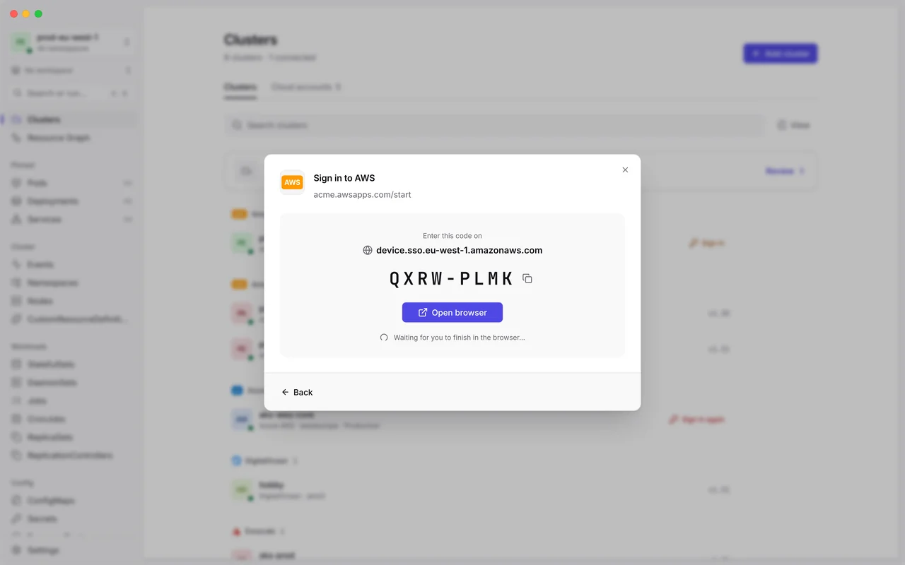 Signing in to AWS inside JET Pilot: the device code QXRW-PLMK, the verification address device.sso.eu-west-1.amazonaws.com and an Open browser button