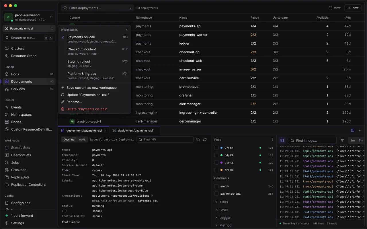 The workspace switcher listing Payments on-call, Checkout incident, Staging rollout and Platform & ingress with their shortcuts
