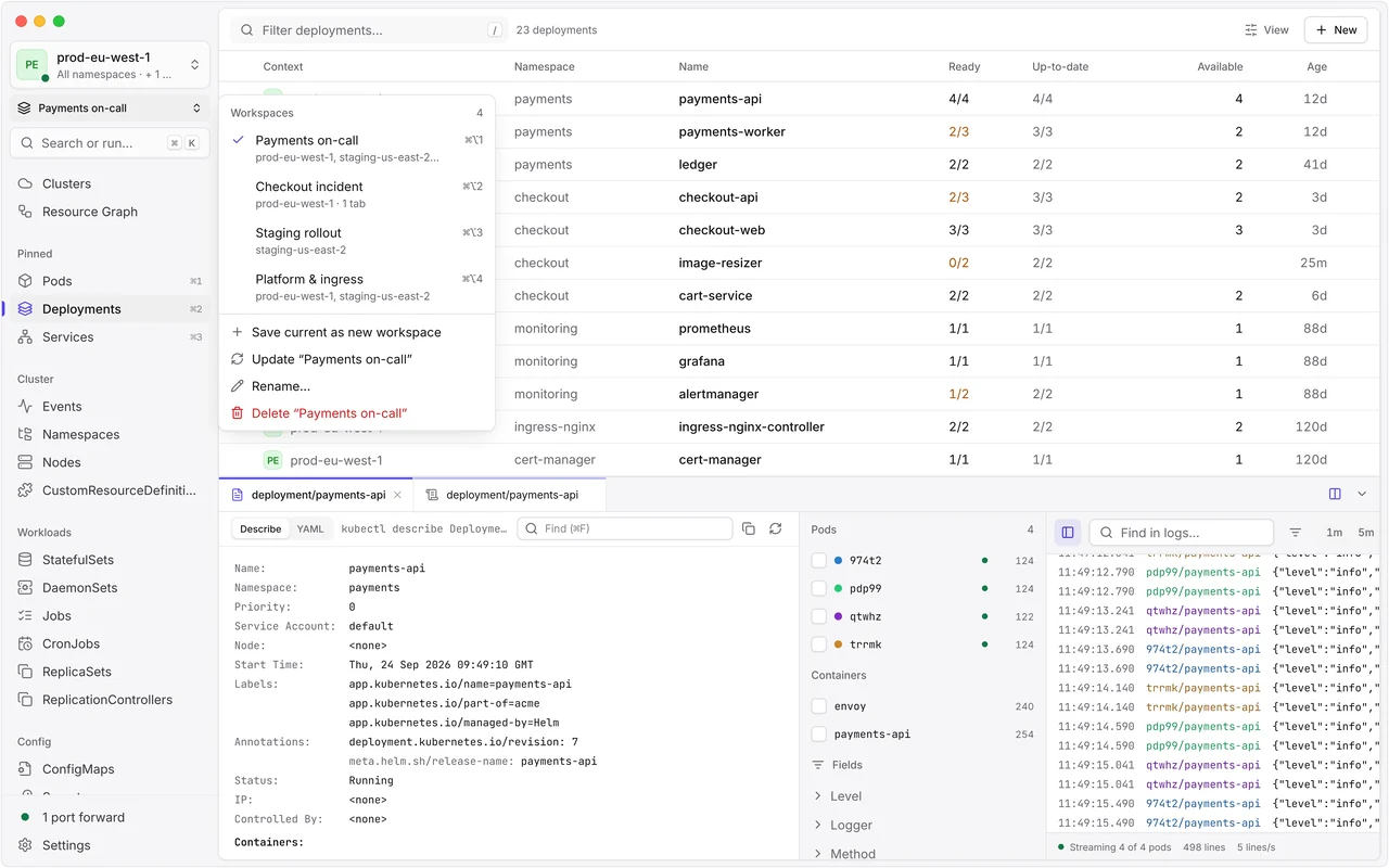 The workspace switcher listing Payments on-call, Checkout incident, Staging rollout and Platform & ingress with their shortcuts